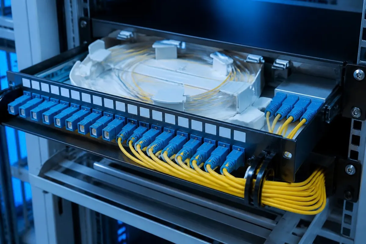 Distribuidor óptico com cordões de fibra organizados em rack