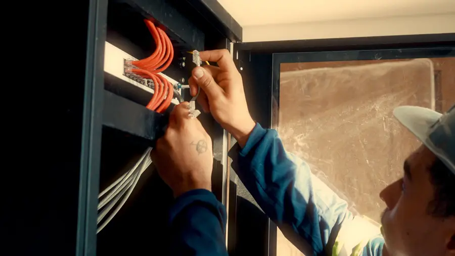 Técnico organizando cabos e fibra em rack de telecomunicações
